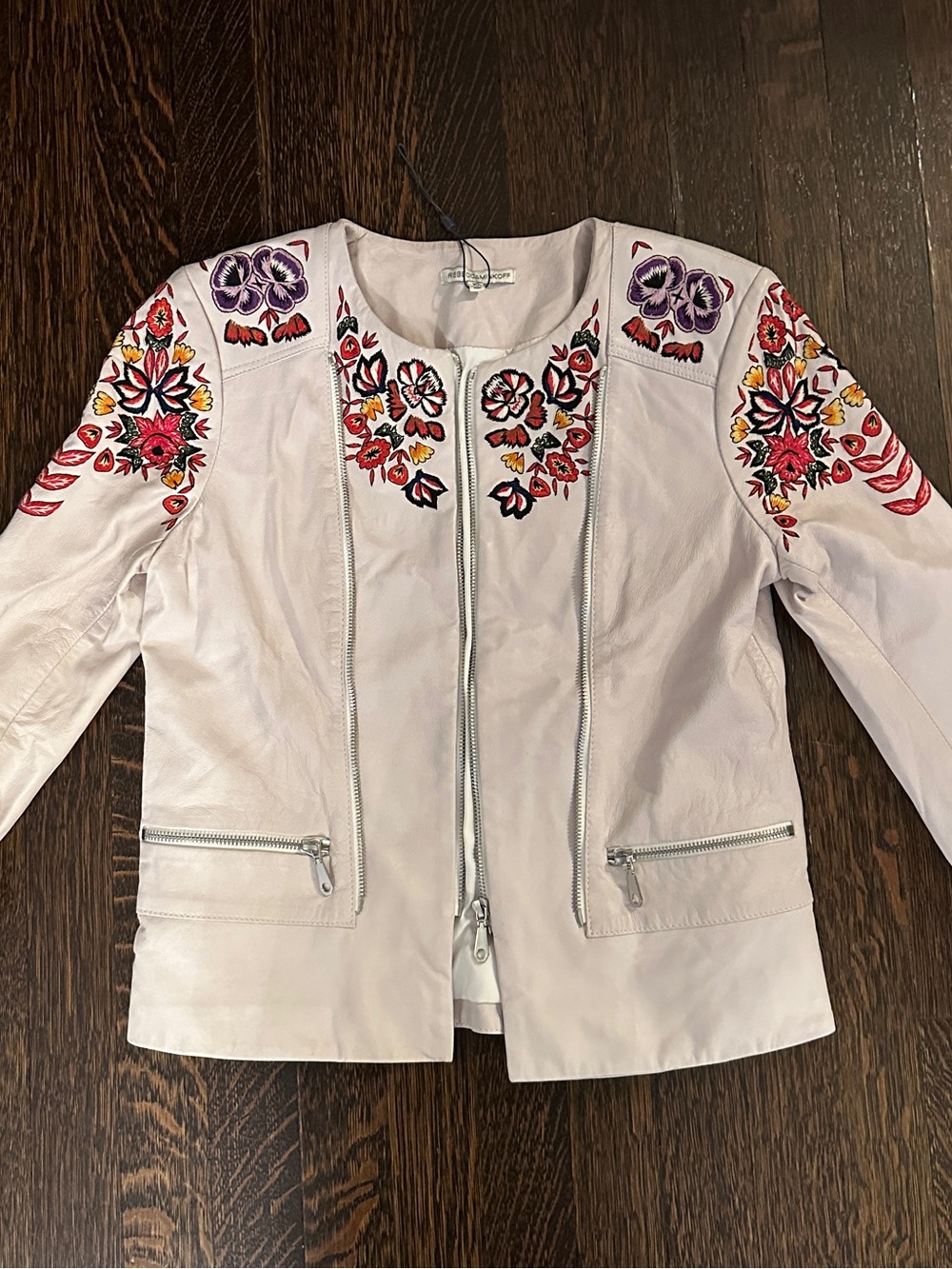 Rebecca Minkoff Taupe Embroidered Lamb Leather Jacket